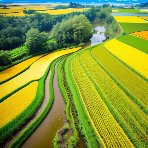 Un campo de flores amarillas con un río en el medio.