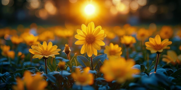 Campo de flores amarillas con el sol de fondo