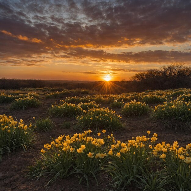 un campo de flores amarillas con el sol poniéndose detrás de ellas