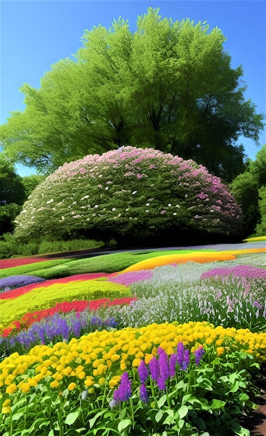 Un campo de flores con un árbol al fondo.