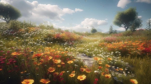 Un campo de flores con un árbol al fondo.