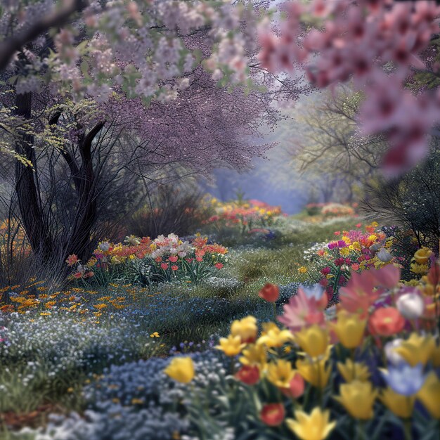 Foto un campo de flores con un árbol en el fondo