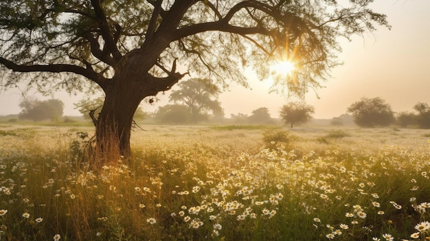 Un campo de flores con un árbol en primer plano