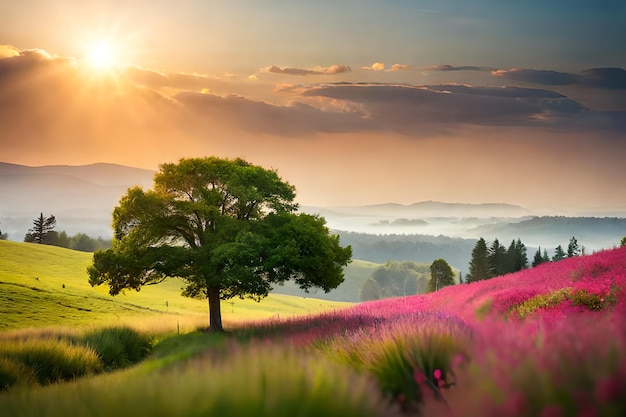 Un campo de flores con un árbol en primer plano