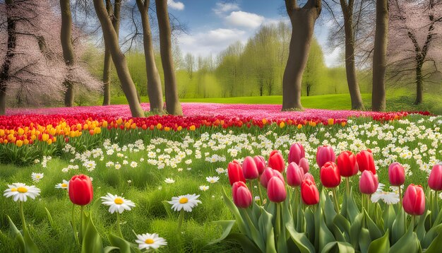 un campo de flores con árboles en el fondo