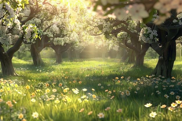 Un campo de flores y árboles a la luz del sol