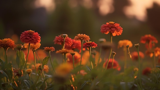 Un campo de flores con un atardecer de fondo