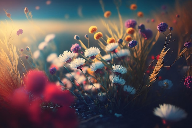 Un campo de flores con un atardecer de fondo