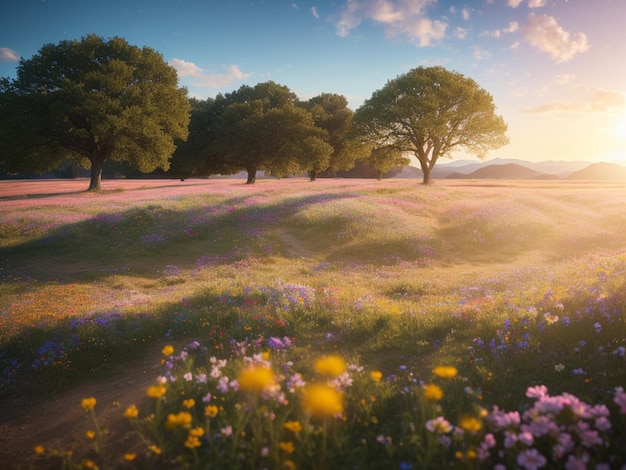 Un campo de flores con un atardecer de fondo