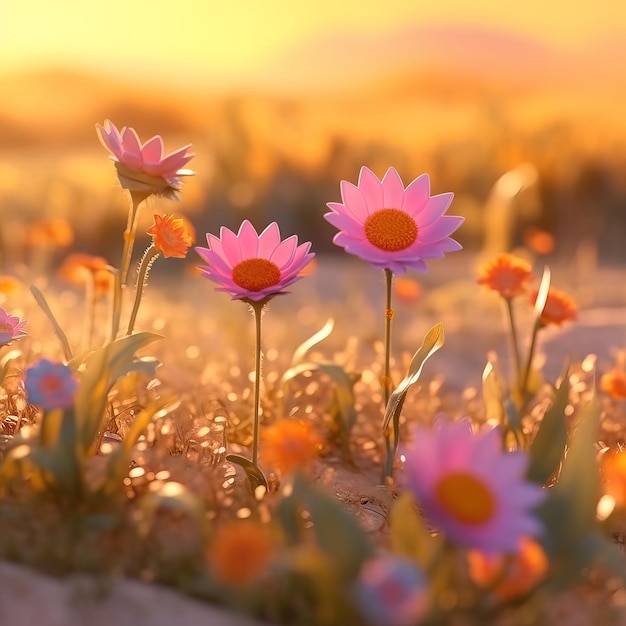 Un campo de flores con un atardecer de fondo