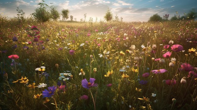 Un campo de flores con un atardecer de fondo