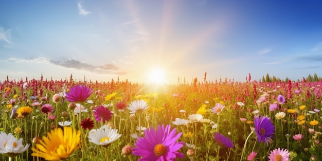 Un campo de flores con un atardecer de fondo