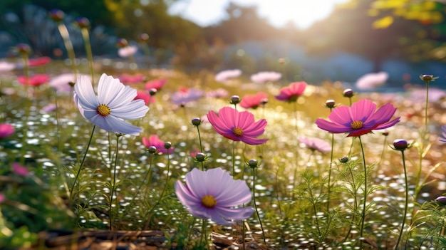 Un campo de flores con un atardecer de fondo