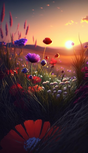 Un campo de flores con un atardecer de fondo