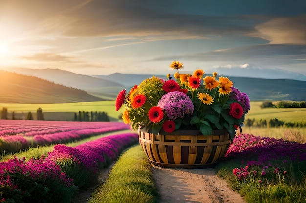 Un campo de flores con un atardecer de fondo