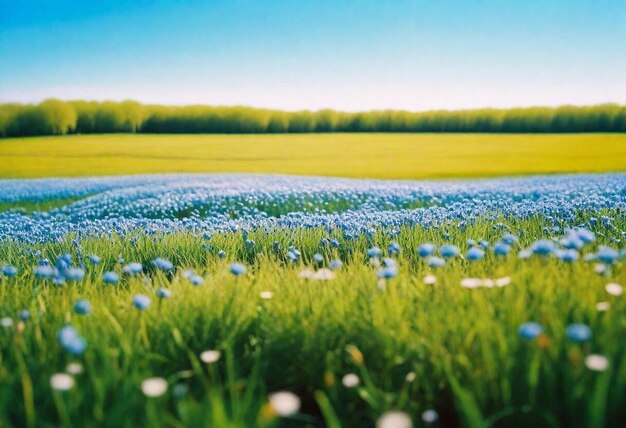 Foto un campo de flores azules con un cielo azul en el fondo