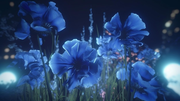 Un campo de flores azules con un fondo azul.