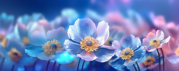 un campo de flores azules con una luz brillante en el fondo