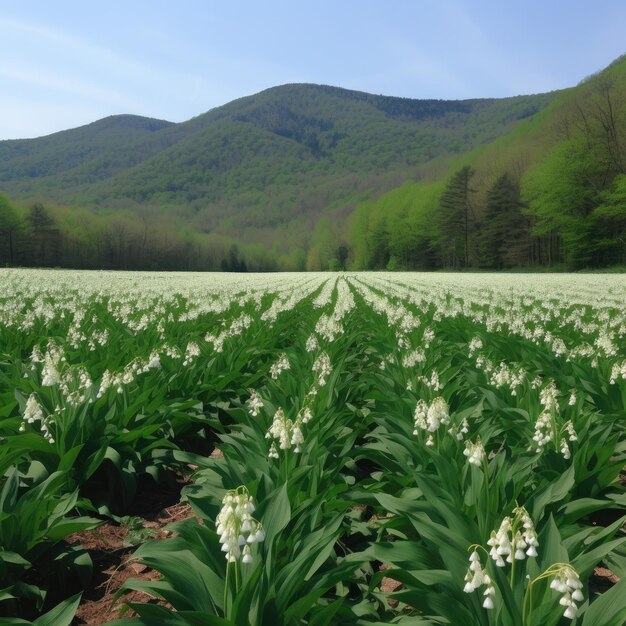 Un campo de flores blancas con montañas al fondo.