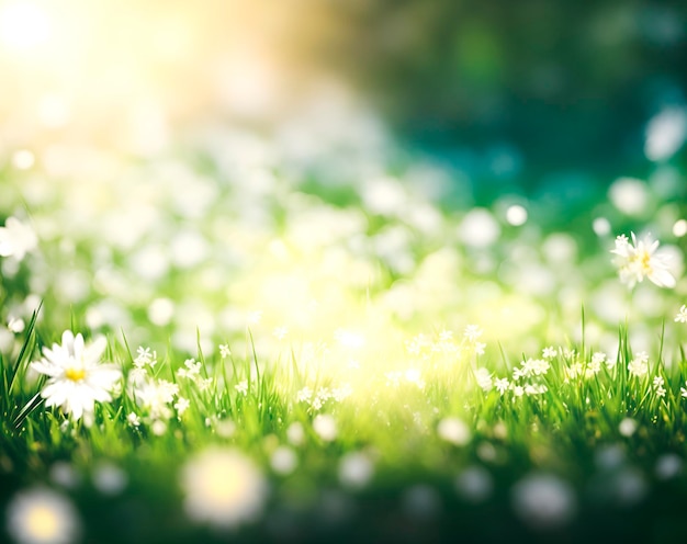 Un campo de flores blancas con el sol brillando sobre ellas