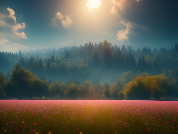 Un campo de flores con un bosque al fondo