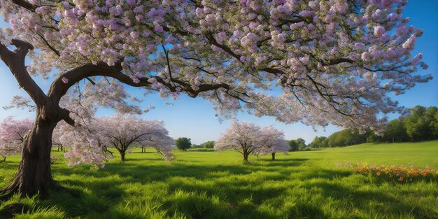 Un campo de flores de cerezo con un cielo azul de fondo.