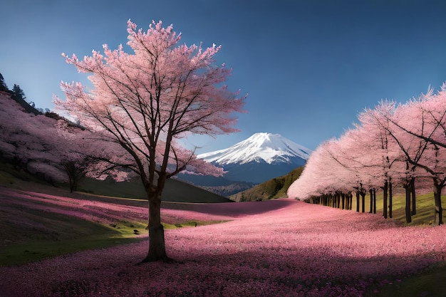 Un campo de flores de cerezo rosa con el monte fuji al fondo.