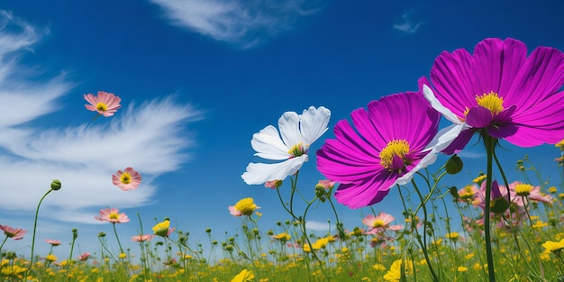 Un campo de flores con un cielo azul de fondo