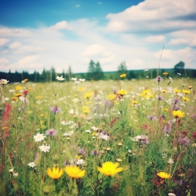 Un campo de flores con un cielo azul de fondo