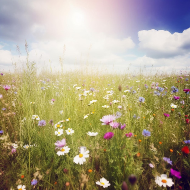 Un campo de flores con un cielo azul de fondo.