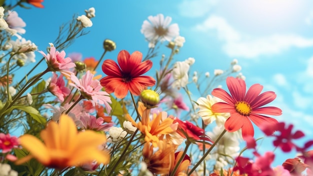 Un campo de flores con un cielo azul de fondo