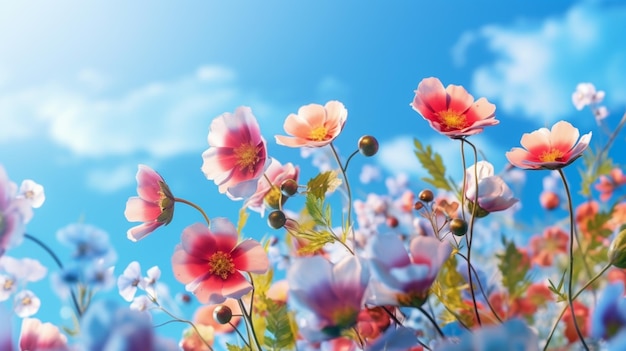 Un campo de flores con un cielo azul de fondo