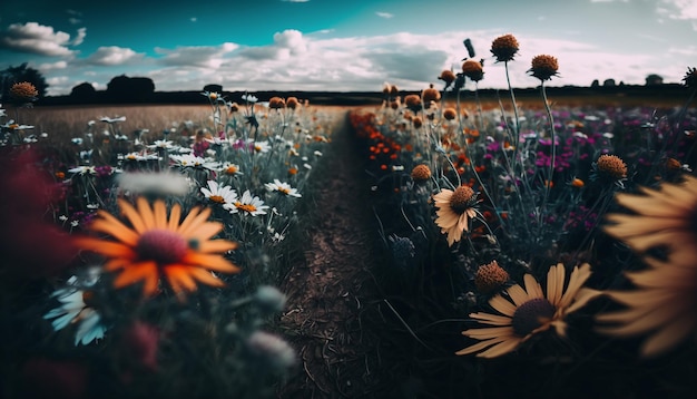 Un campo de flores con un cielo azul de fondo