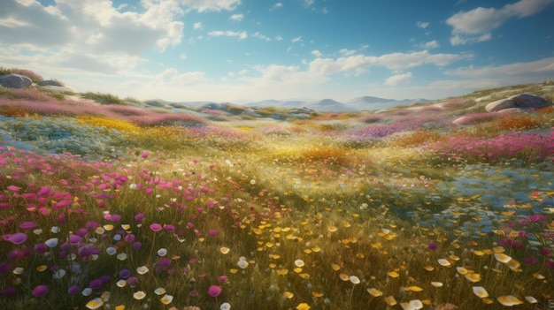 Un campo de flores con un cielo azul de fondo