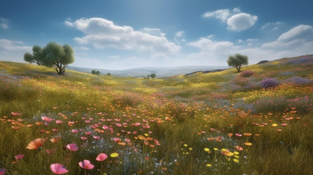 Un campo de flores con un cielo azul de fondo