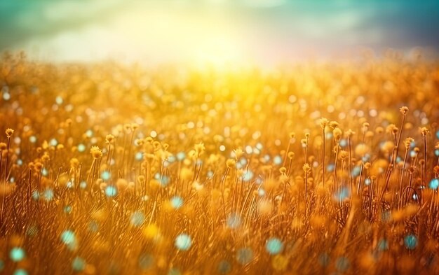 Un campo de flores con un cielo azul de fondo