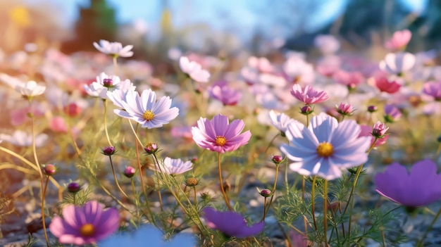 Un campo de flores con un cielo azul de fondo