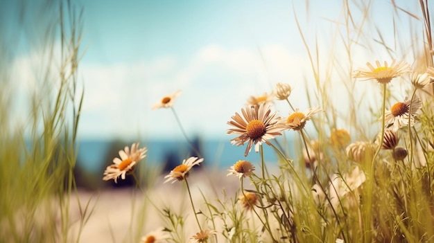 Un campo de flores con un cielo azul de fondo