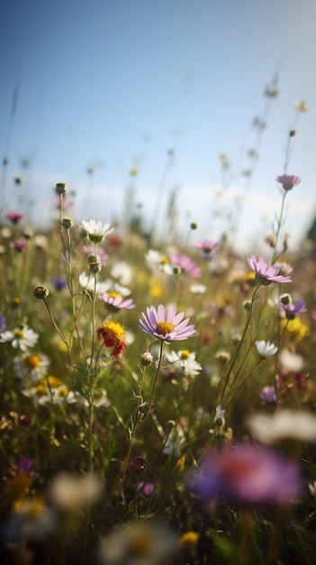 Un campo de flores con un cielo azul de fondo