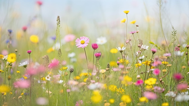 Un campo de flores con un cielo azul de fondo