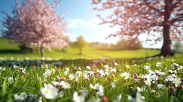 Un campo de flores con un cielo azul de fondo