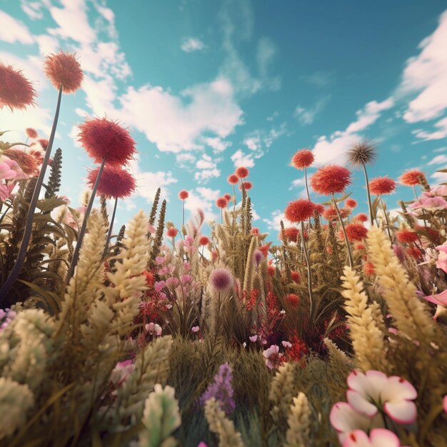 Foto un campo de flores con un cielo azul en el fondo