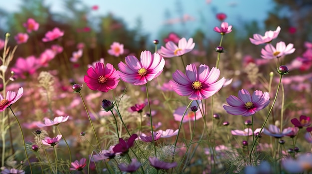 Un campo de flores con un cielo azul de fondo