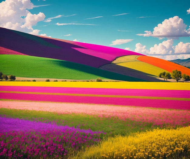 Un campo de flores con el cielo de fondo