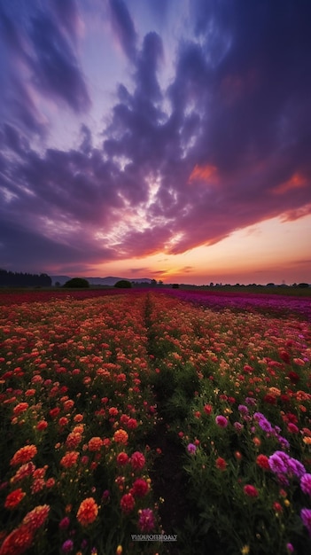 Un campo de flores con un cielo morado de fondo.