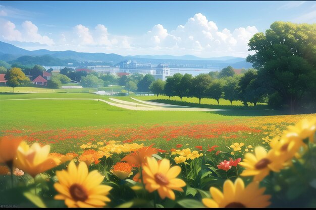 Un campo de flores con una ciudad al fondo