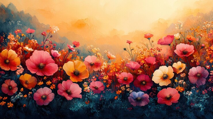 Campo de flores coloridas al amanecer en un paisaje montañoso brumoso