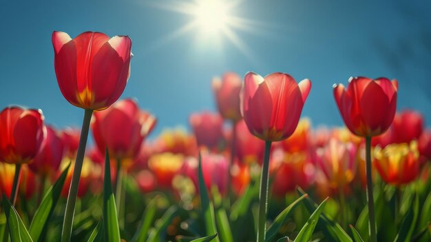 Campo de flores coloridas bajo el cielo azul