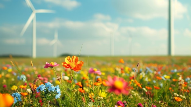 Un campo de flores contra el fondo de las turbinas eólicas