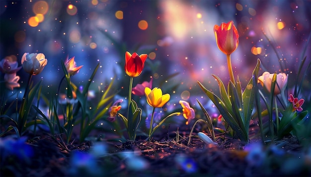 Campo de flores del cosmos por la noche con luces bokeh brillantes mañana verano o primavera hermoso